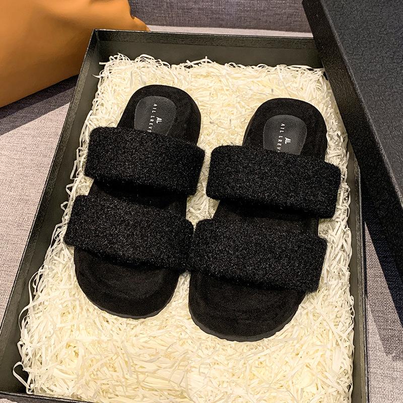 

Internet celebrities popular thick bottom fluffy slippers women wear 2024 new fashion simple high sense home cotton slippers tide 35 чёрный