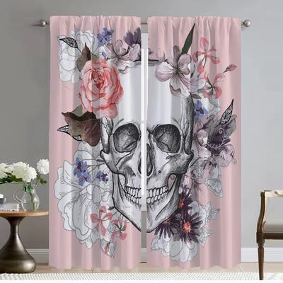 Vorhänge Kinderzimmer Blume Totenkopf Vorhänge für Schlafzimmer Halloween Dekoration Fenstervorhang für Zimmer 2 Schals Jalousien Raumteiler Zuhause