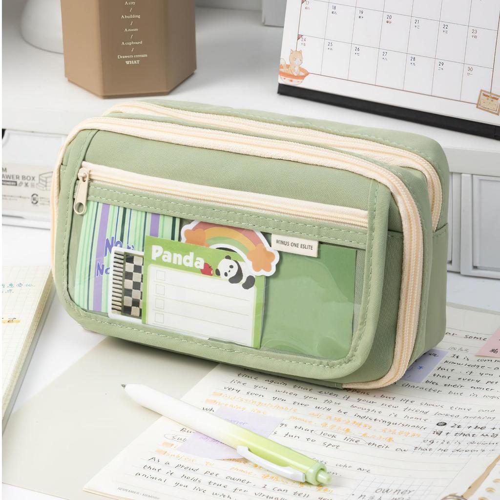 Flip Cover Pencil Bag Pen Case Transparent Front Multi Pocket Oxford Fabric Storage Pouch for Stationery