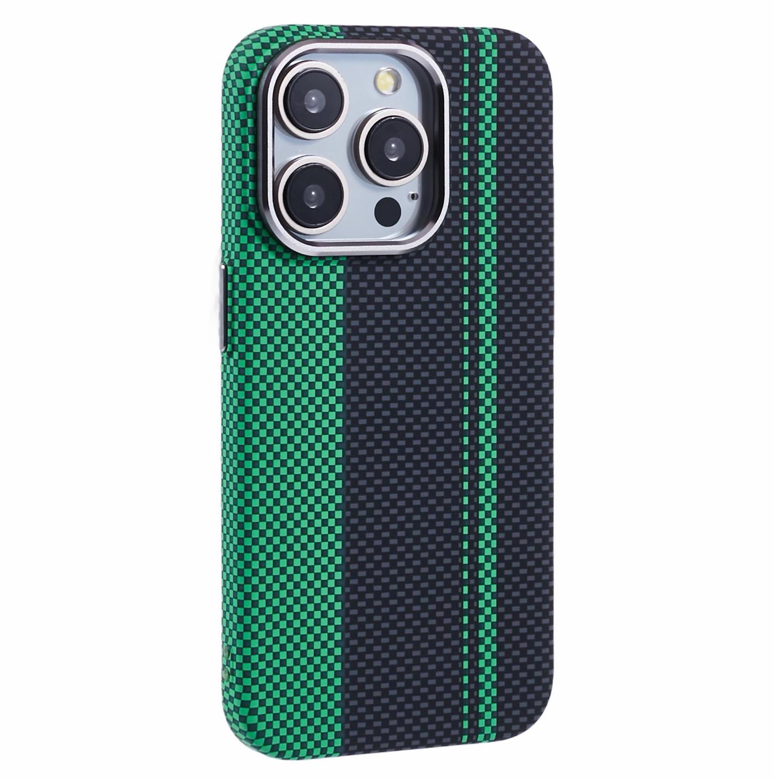 

For iPhone 14 Pro Max Case Compatible with MagSafe Carbon Fiber Texture Water-Transfer PC Phone Cover Green+Black Stripes