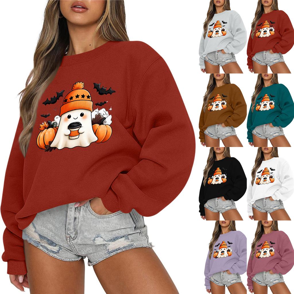 Women's Casual Fashion Round Neck Long Sleeve Halloween Printed Sweatshirt
