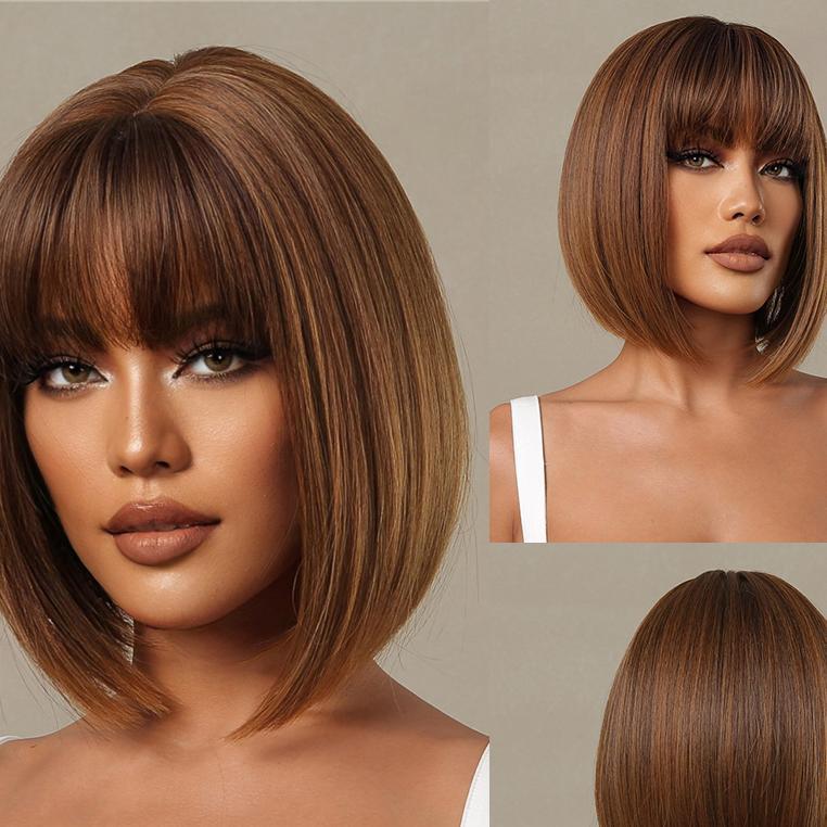 

Короткие прямые синтетические парики, смешанные золотисто-коричневые парики «боб» с челкой для женщин, косплей, повседневный парик из натуральных волос, термостойкий
