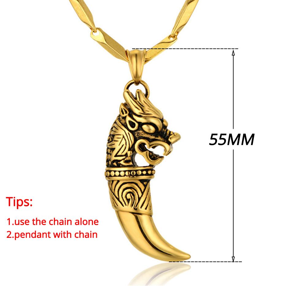 Punk Dragon Pattern Wolf Tooth Pendant Male Gold Color Stainless Steel Animal Amulet Necklace For Men Cool Jewelry Gift