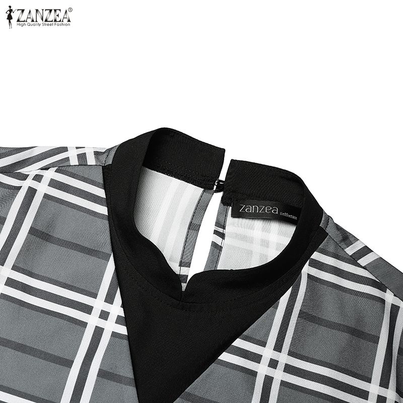 ZANZEA Women Muslim Casual Round Neck Long Sleeve Plaid Print Patchwork Loose Long Dress