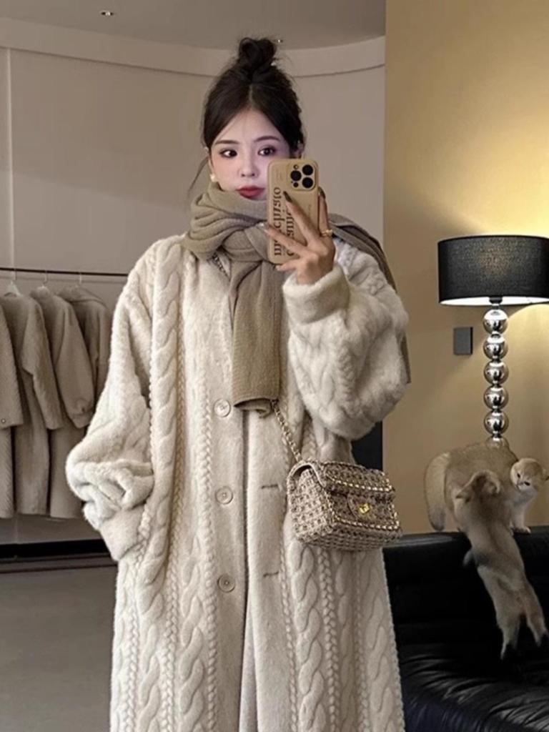 Thick Long Faux Mink Cable Knit Cardigan and Leather-Fur Eco Coat for Women Winter