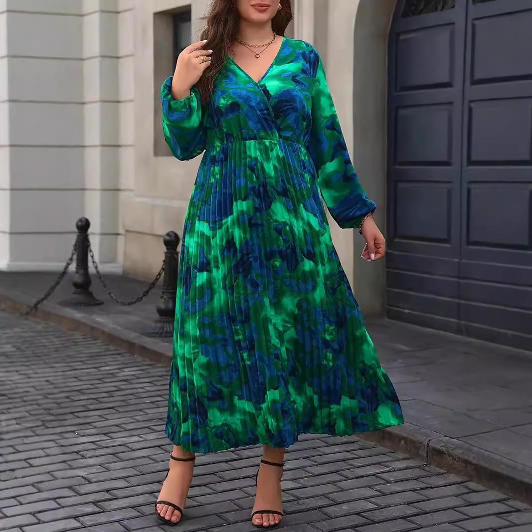 

Весенне-осенняя женская модель больших размеров с принтом тай-дай, плиссированное платье на талии, платья с длинным рукавом и V-образным вырезом 4XL