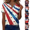Women's Fashion Casual Independence Day American Flag Stars And Stripes Print Collar V-Neck Short Sleeve Decorated Button-Up T-Shirt