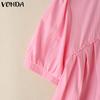 VONDA Women Summer O-neck Short Sleeve Lace Hem Casual Ruffled Blouse