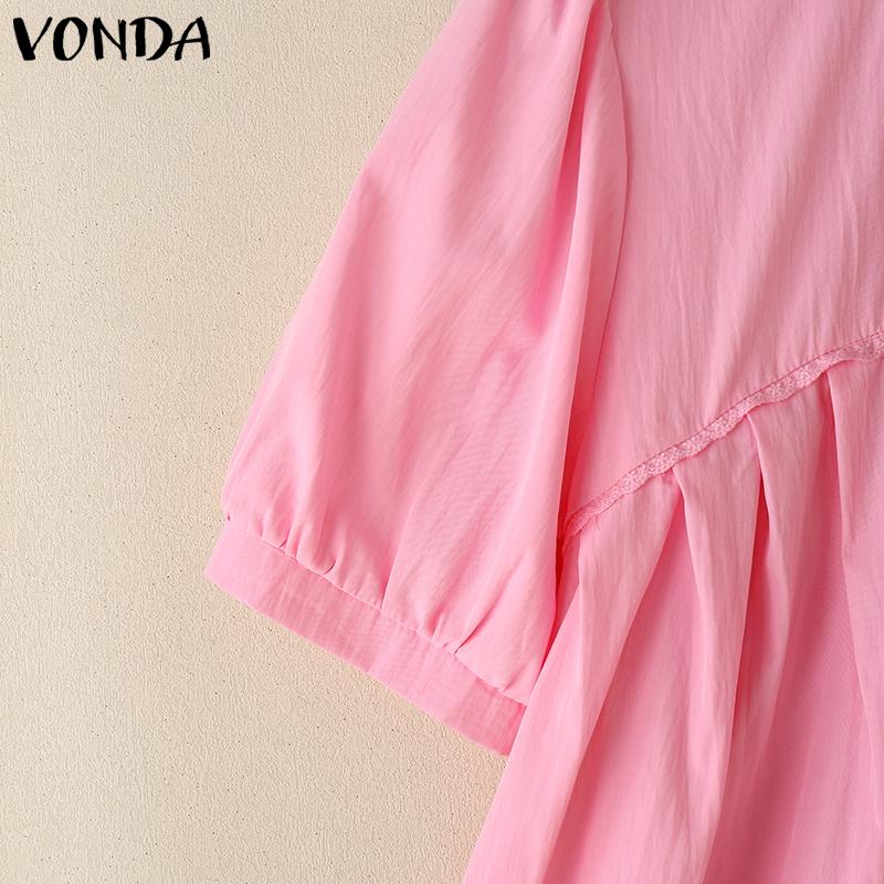 VONDA Women Summer O-neck Short Sleeve Lace Hem Casual Ruffled Blouse