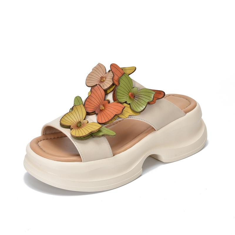 

Johnature Тапочки в стиле ретро с открытым носком, легкие, на толстой подошве, из натуральной кожи, женские 39 бежевый