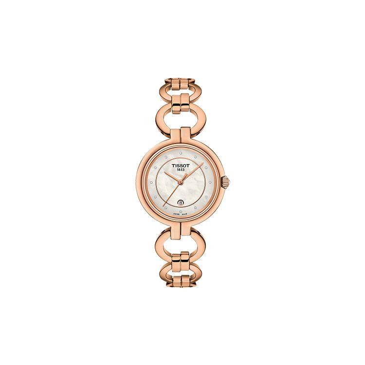 TISSOT  S&eacute;rie Flamingo Mouvement Quartz Lunette Sertie de Diamants Calendrier &Eacute;tanche Or Rose Montre D&eacute;contract&eacute;e &Eacute;l&eacute;gante 26mm Cadran Nacre