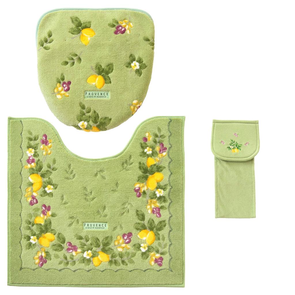 3-teiliges Toilettenmatten-Set (Grün, Hergestellt in Japan) - Enthält Toilettenmatte, Mehrzweck-Deckelbezug und Toilettenpapierhalter-Abdeckung (Oka Provence Grün) - Antibakteriell