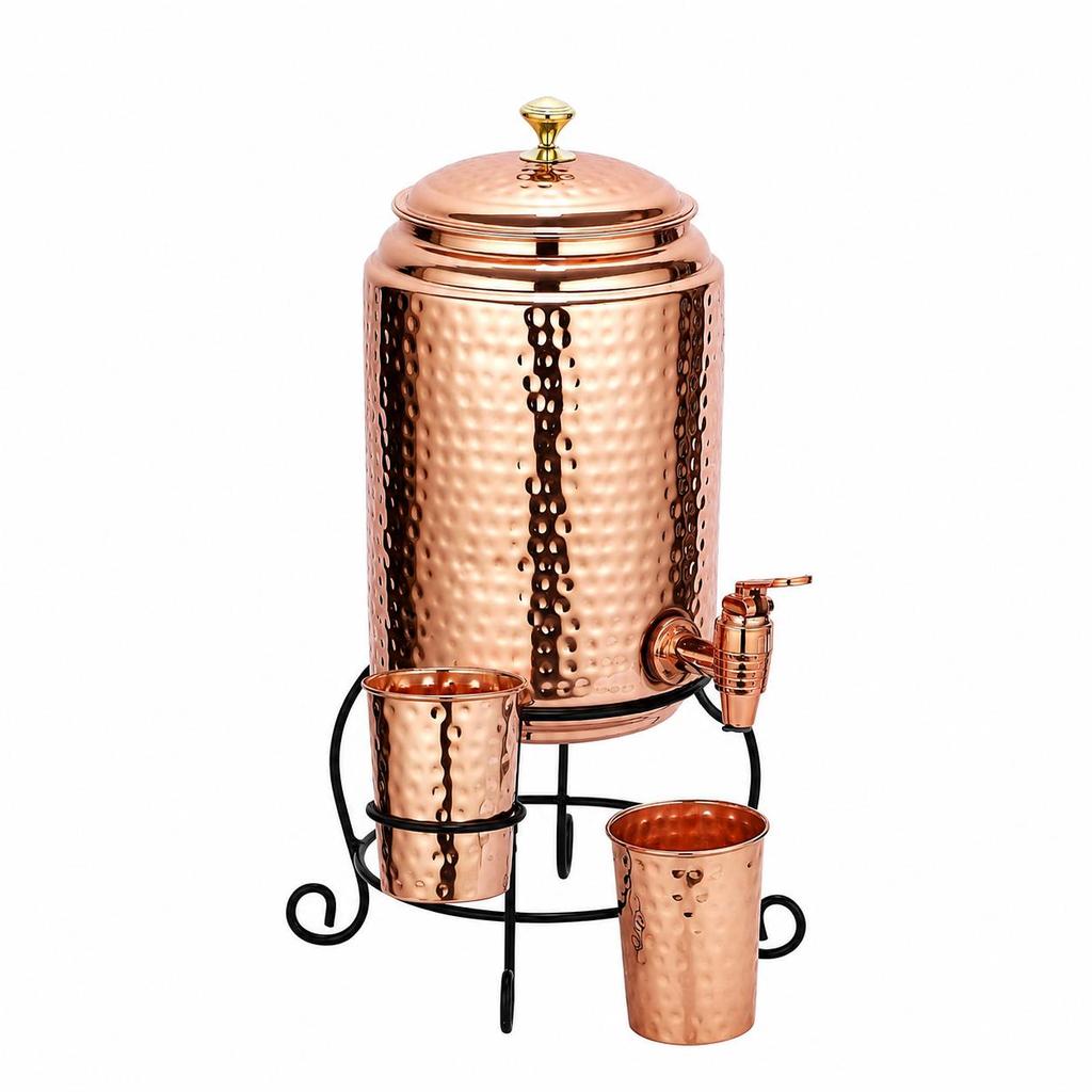 Copper Water Dispenser Set – 5 Litres | Hammered Natural Finish | Includes Stand, 2 Glasses & ABS Tap | Ayurvedic Tamra Jal Water Storage Pot