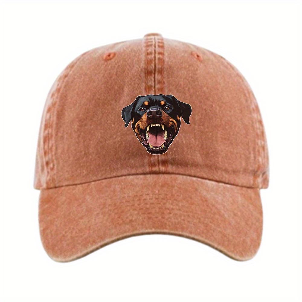 1pc Rottweiler Dog Head Baseball Cap - Fierce Open-Mouth Graphic, 100% Denim, Adjustable Vintage Washed