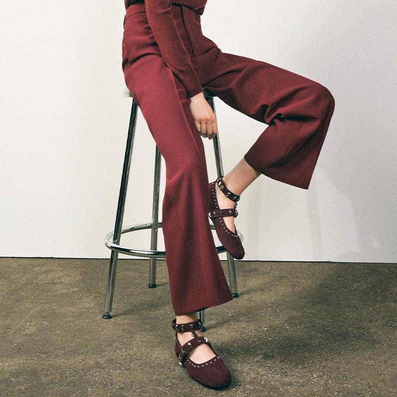 Sapatos de Bailarina Mary Jane de Camurça Sintética com Decoração de Rebites Retrô de Primavera para Mulheres, Tira no Tornozelo, Dança, Caminhada, Mocassins, Sapatos Casuais Planos para Meninas