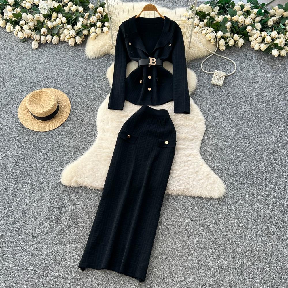 Autumn Winter Women Designer Knitted Sweater Two Piece Set Blazer Collar Cardigans Coat and Long Maxi Sheath Skirt Outfits With Belt