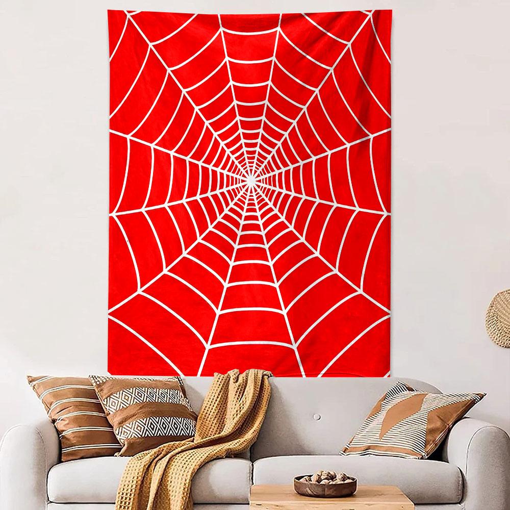 Red Spiderweb Design Patterned Tapestry Decorative Wall Hanging, Home Bedroom Living Room Decor
