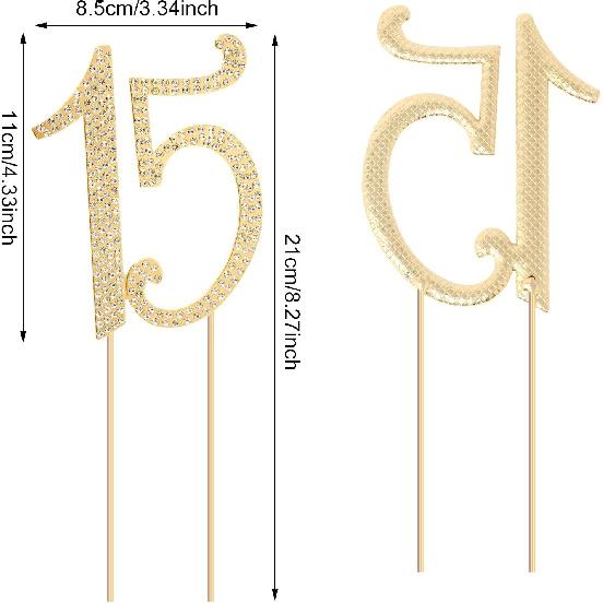 Honbay 15 Birthday Cake Topper Sparkly Bling Alloy Crystal Rhinestones Cake Topper Cake Decoration for 15th Birthday or Anniversary Party (Gold)