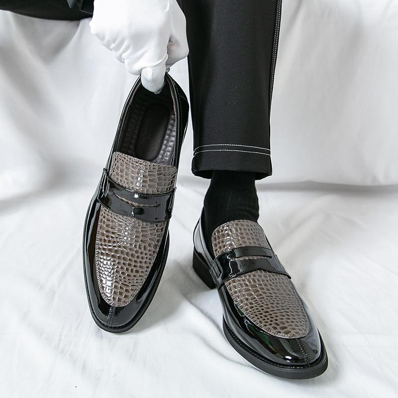 Men Black Loafers Leather Shoes Formal Business Flats Slip on Shoes Wedding Dress Prom Shoes Mosaic Contrast Over Sized