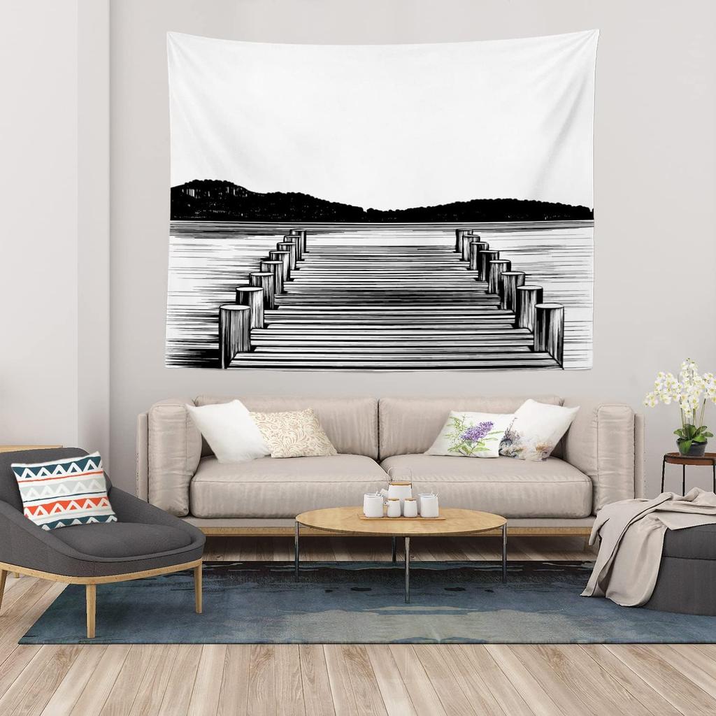 Navy Blue Watercolor Mountains Wall Tapestry, Sky Wall Hanging Large Tapestry Decoration Polyester Fiber White Hem Around for