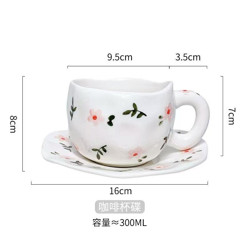 300ML Korean Style Hand Pinched Irregular Ceramic mug Hand-painted Flower Heart Coffee Cup Breakfast Milk Afternoon tea cup Gift