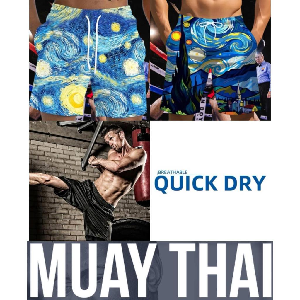 Van Gogh Starry Night Muay Thai Boxing Kickboxing Shorts 3D Print Training Unisex Men Women Quick Dry Fitness Gym Sport Workout Casual Streetwear