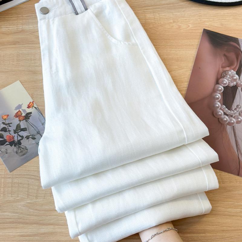 Lniane Spodnie z Tencelu z Szerokimi Nogawkami dla Kobiet Lato Nowe z Wysokim Stanem Draperowane Bawełniano-Lniane Proste Casualowe Długie Spodnie Cienkie