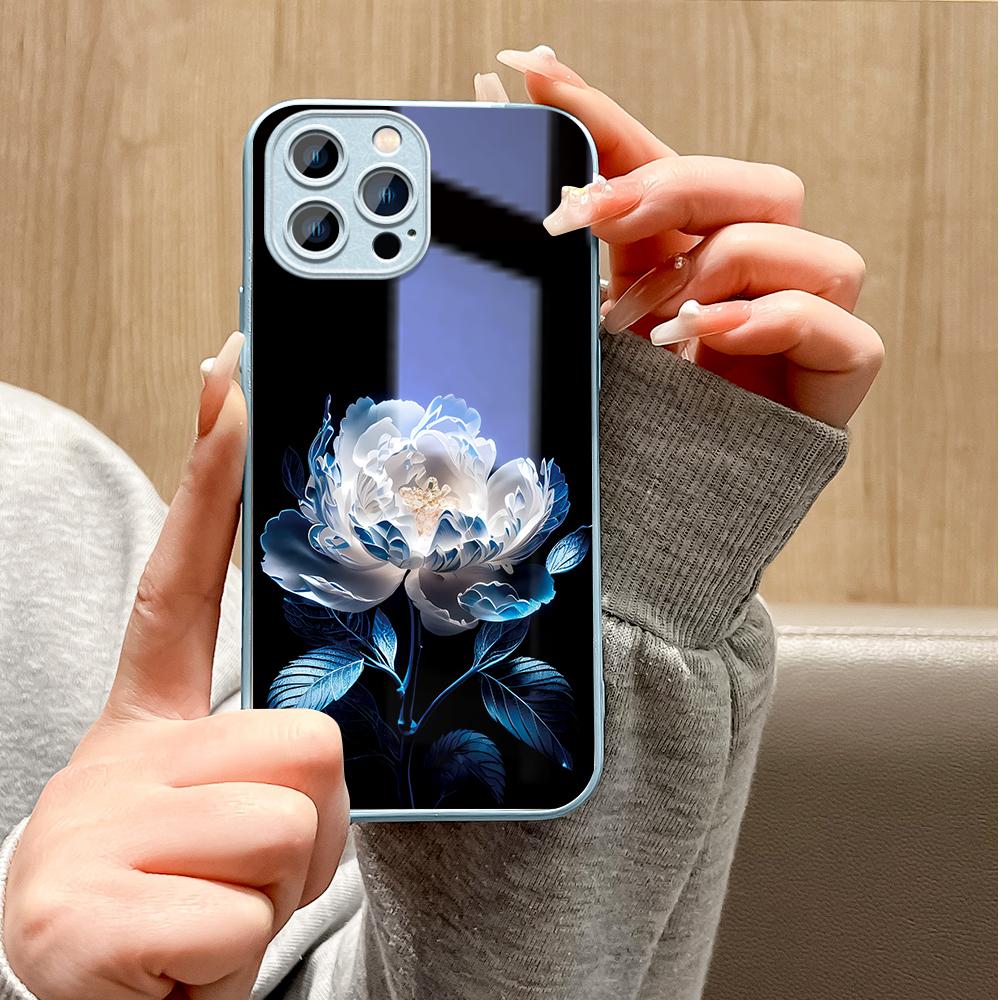 White Peony Flower Phone Case Metallic Lacquer Tempered Glass Shockproof Cover for Huawei Honor iPhone OPPO Realme OnePlus Xiaomi Redmi Samsung Vivo
