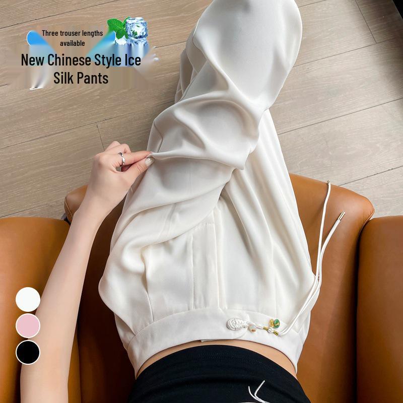 Summer 2026 Chinese Style High Waist Wide Leg Ice Silk Pants for Women