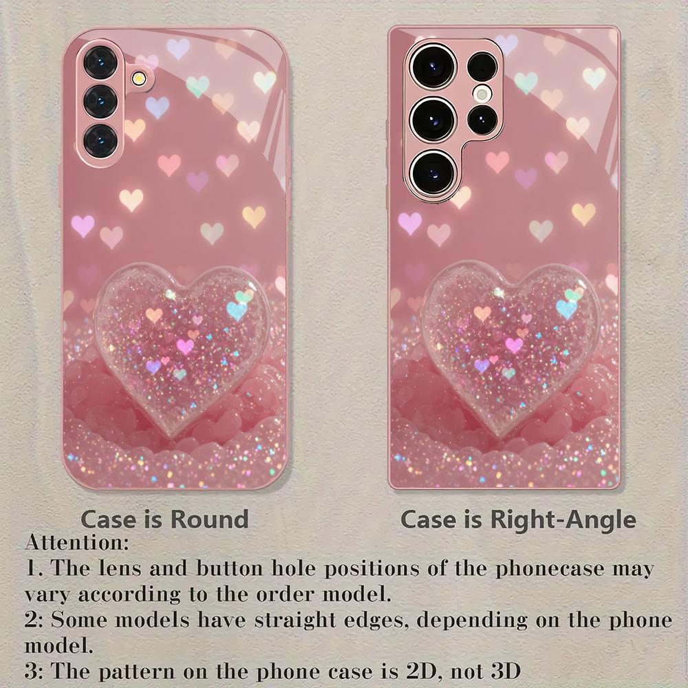 Pink Heart-shaped Design Glass Phone Case Suitable for Samsung Galaxy S26 S25 S24 S23 S22 S20FE/Ultra/Plus Shockproof Back Cover