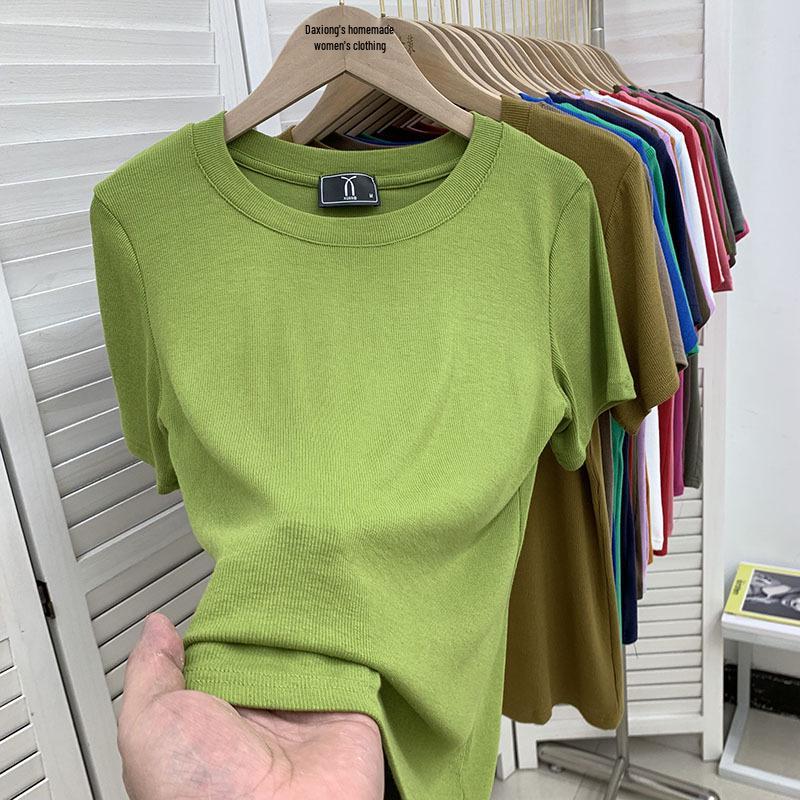 

Европейская женская футболка больших размеров зеленого цвета в рубчик с коротким рукавом M (40-45 kg)