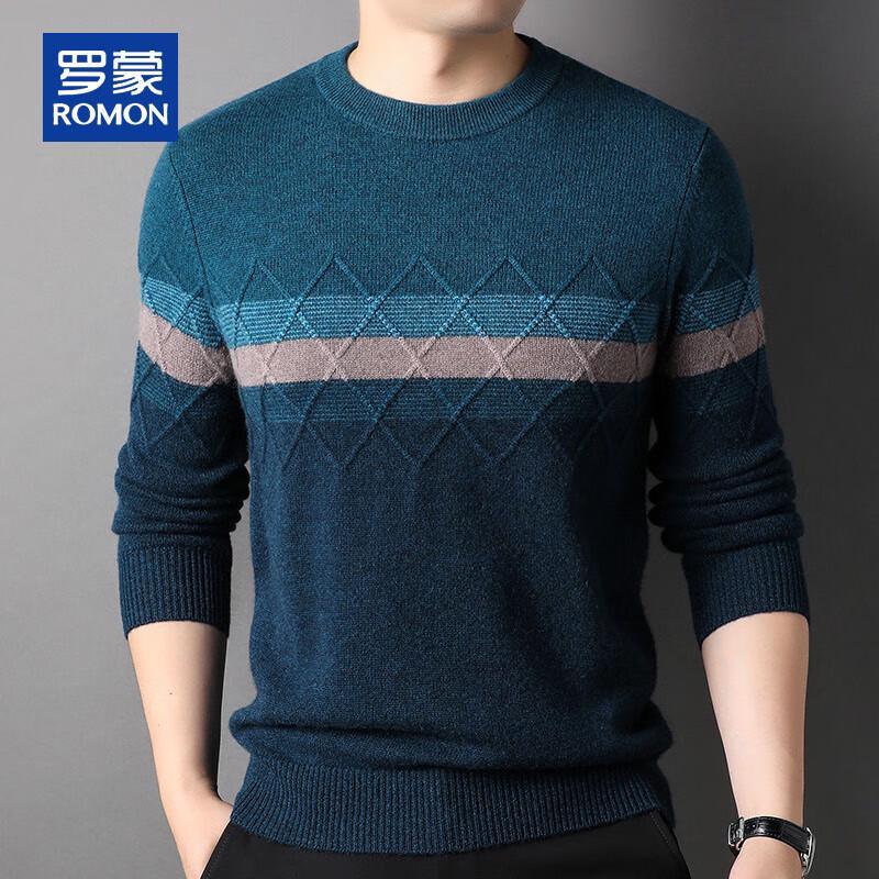 ROMON Men's Cashmere Colorblock Striped Round Neck Sweater