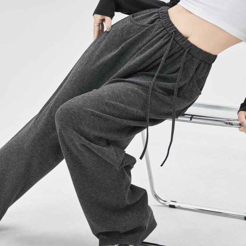 Nova Moda Sólida Casual Calças de Perna Larga para Mulheres Elegante Solta Reta Cintura Alta Calças Femininas Bolsos Cordão Calças Esportivas Femininas 25710