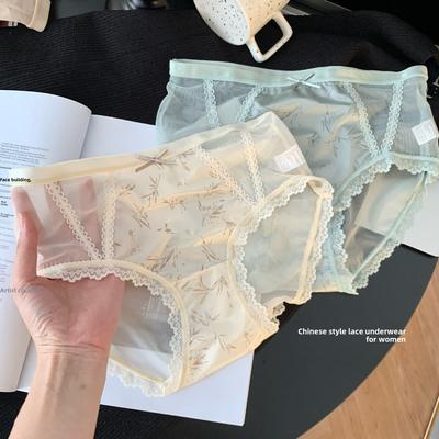 Large Size Women Spring and Autumn New Chinese Sexy Pure Desire Mesh Lace Mid Waist Underwear