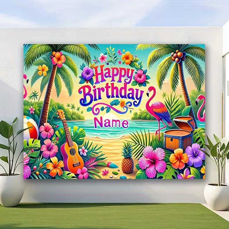 2D Customizable Name Tropical Flamingo Birthday Backdrop Beach Palm Tree Background Banner for Kids Party