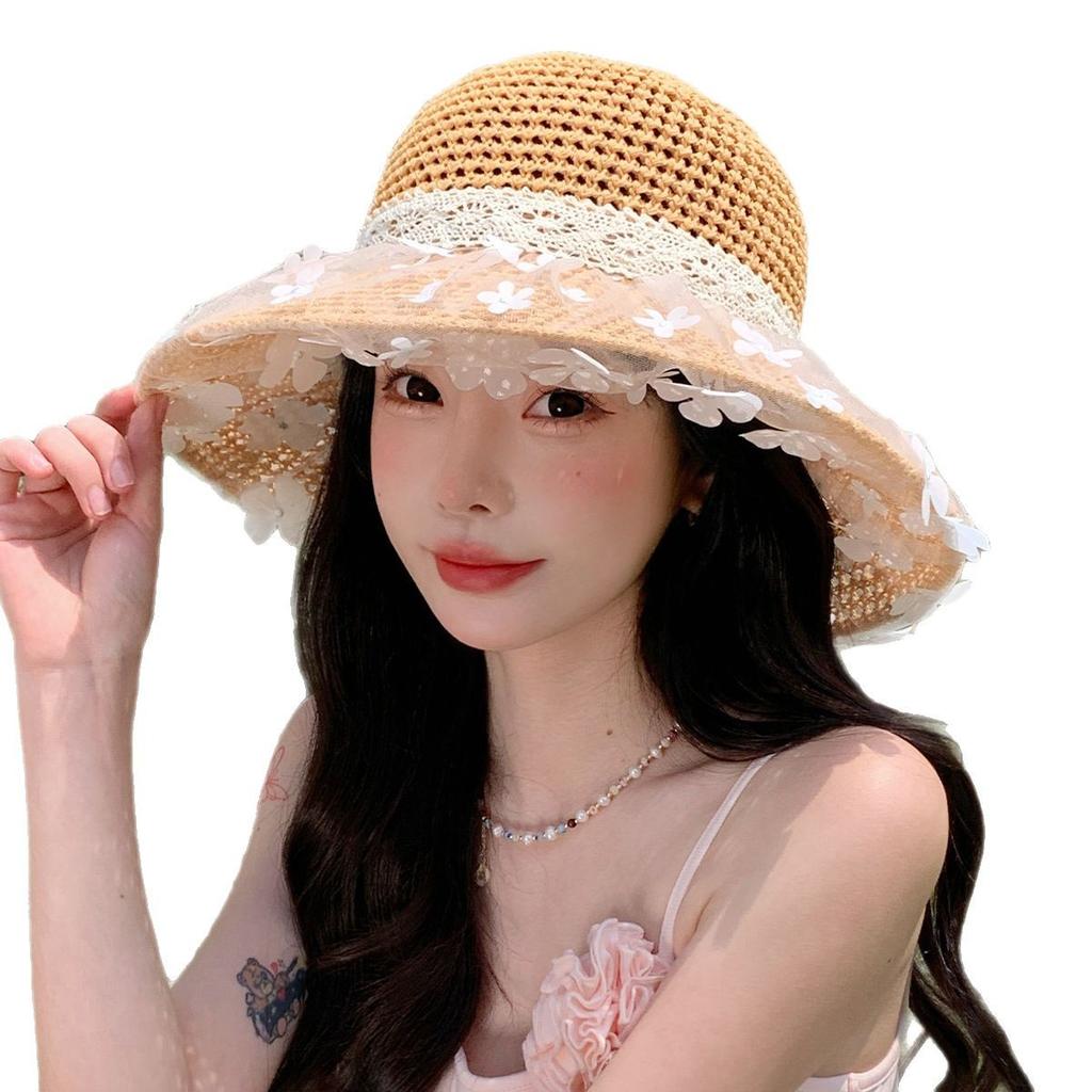 Lace flower straw hat women's summer sunshade sunscreen hat seaside beach sun hat big brim showing face small bucket hat