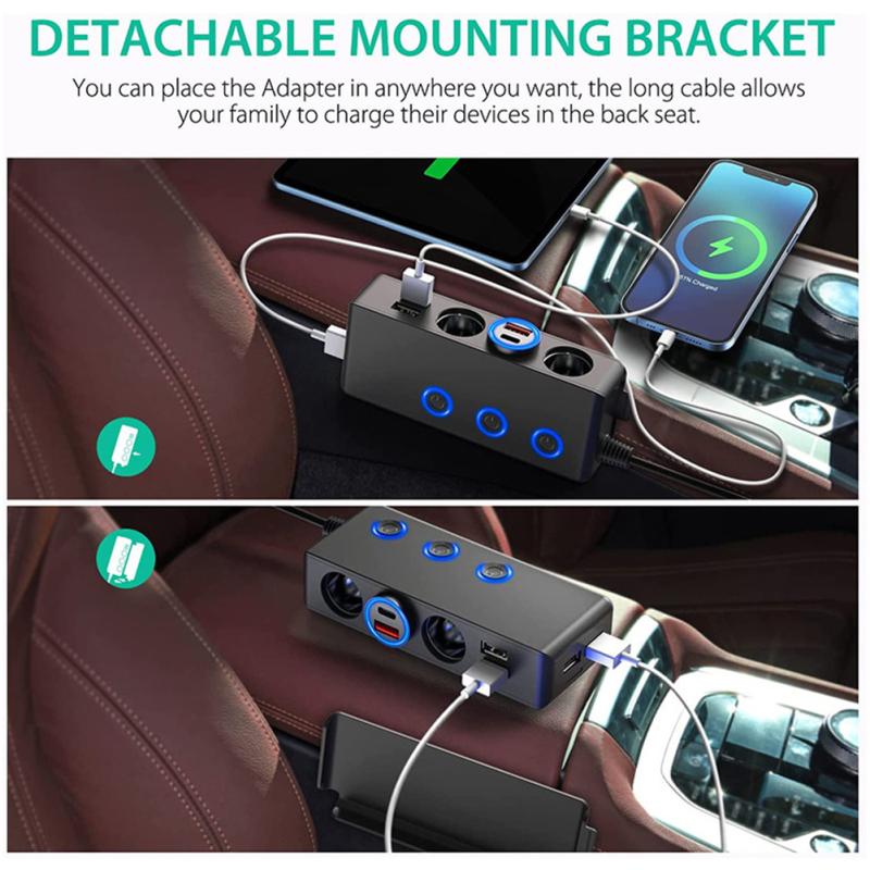 3-i-1 sigarettenneradapter Hurtiglading 3.0 120W 12V/24V 3-Socket Power Splitter LED-skjerm