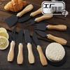 Rubberwood Handle Black Cheese Knife Set: Stainless Steel Cheese Knife, Butter Spreader, Bread Knife.