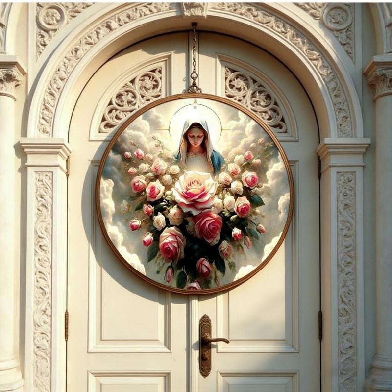 Wooden Angel Reading Book Round Plaque Front Door Hanging Ornament Easy Mount Wall Sign For Home Garden Decoration