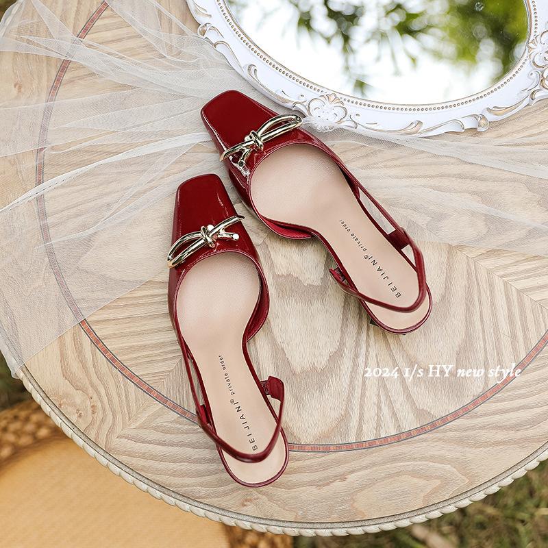 

Bow bag head sandals women s square head back empty thick heel single shoes square head temperament gentle spring 39 бордовый