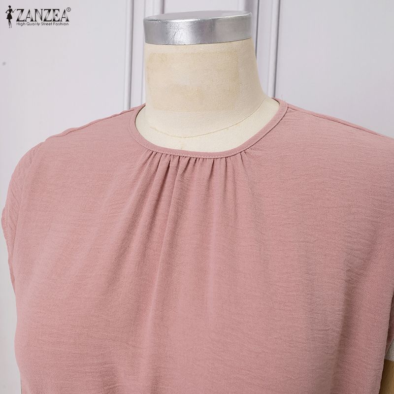 ZANZEA Abito casual da donna a maniche corte estivo a girocollo a tinta unita