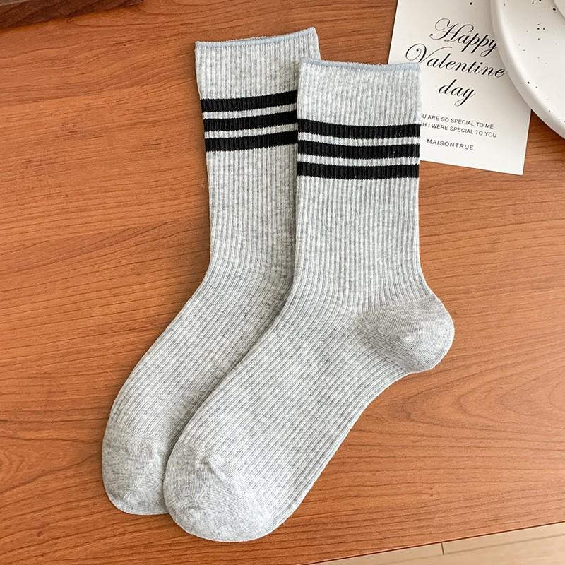 White Striped Socks Pile Socks Spring And Autumn Versatile Cotton Boneless Medium Tube Socks College Style Stockings Women