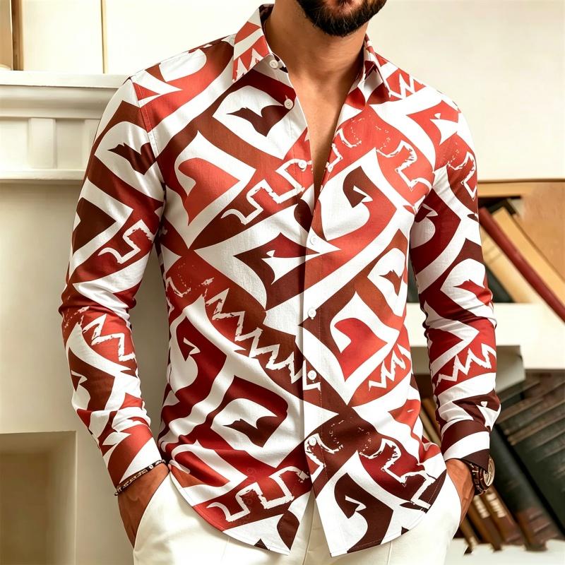 Men's Collar Button Up Long Sleeved Shirt, Black and White Abstract Geometric Full Print Shirt, Street Trendy Casual Loose Top