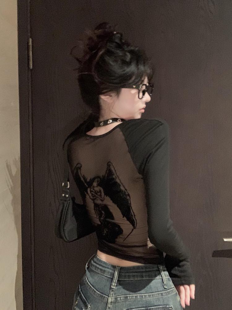 Gothic Y2k Vintage O-Neck Slim T-Shirts Women Chic Mesh Cyber See Through Crop Tops Female Korean Fashion Casual Clothing New