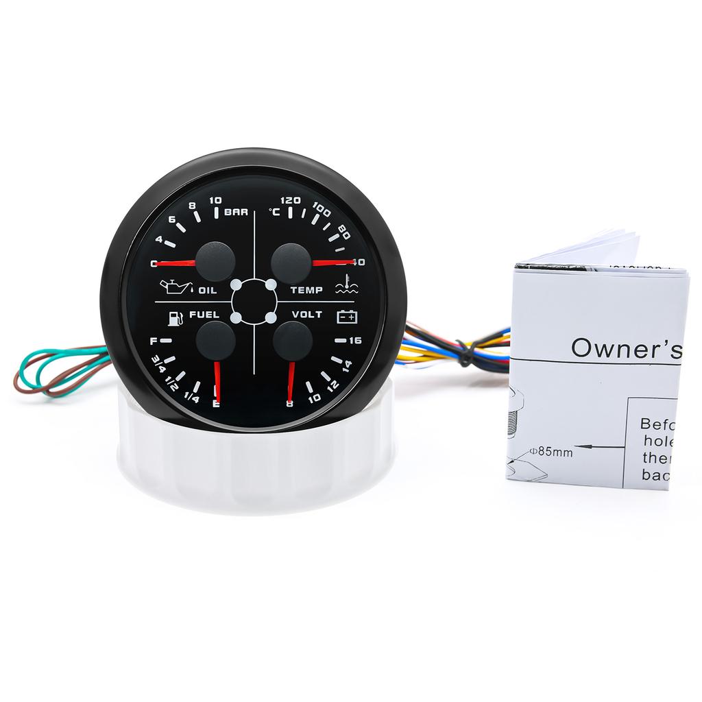 85mm 4 in 1 Gauge Oil Press Gauge Water Temp Meter Fuel level Gauge Voltmeter With Alarm For Marine Boat Car Waterproof 12V 24V