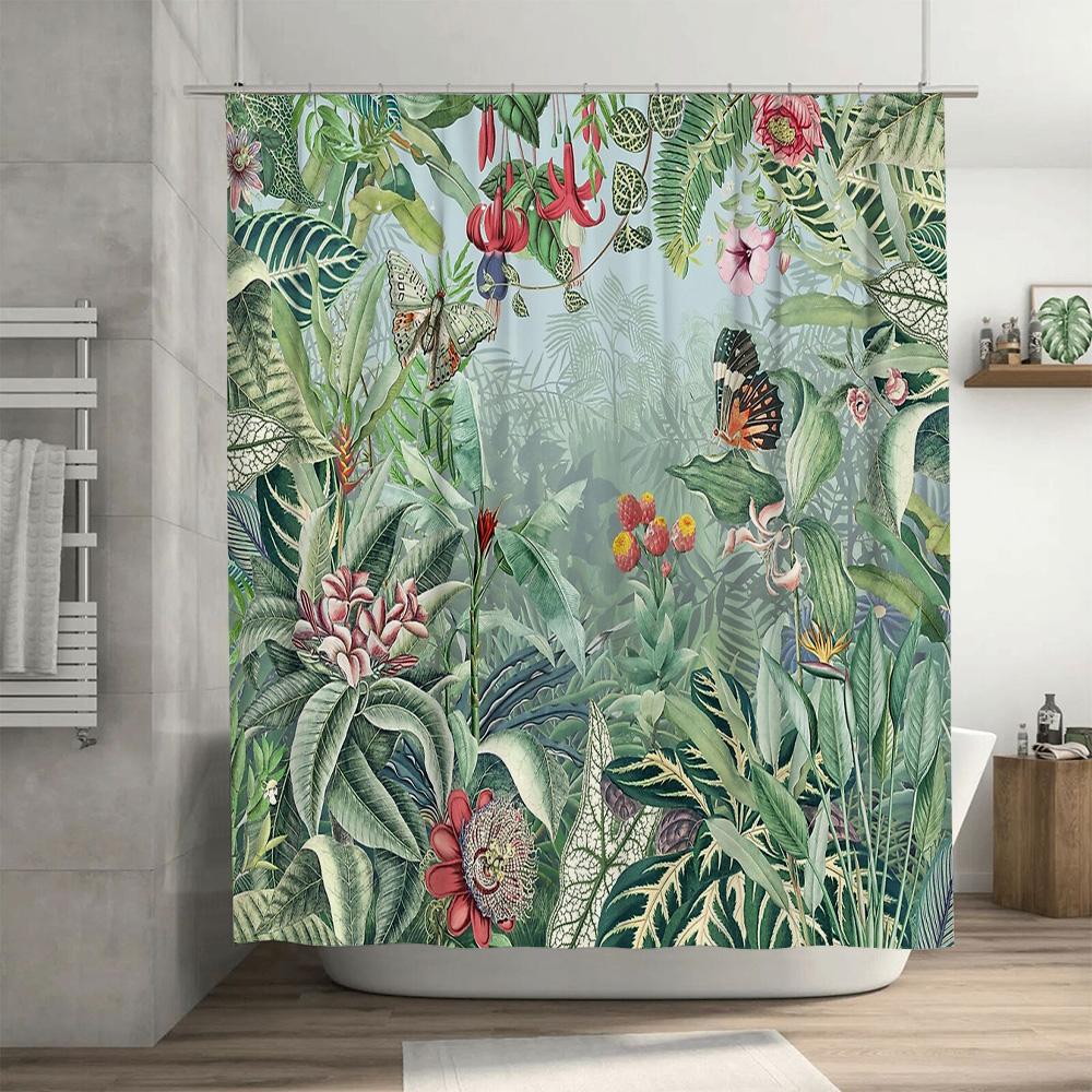 Botanical Shower Curtain Tropical Rainforest Leaves Plants Nature Scenic Backdrop Bathroom Decor Modern Farmhouse Style Waterpro