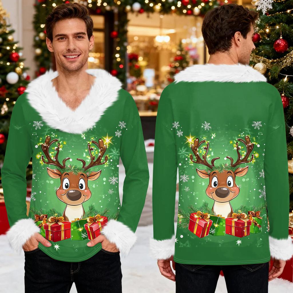 Herren Lässiges Weihnachten Bedrucktes Plüsch V-Ausschnitt und Fleece Langarm-Sweatshirt