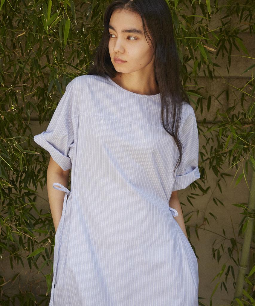 BETWEEN A AND B Waist Ribbon Stripe Long Dress [Blue]