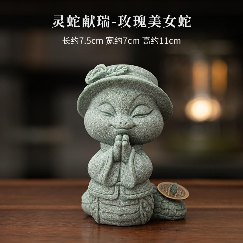 Green Sandstone Chinese Spirit Snake Tea Pet Boutique Fish Tank Landscaping Tea Figurine Play Toys Tea Statue Ornaments Craft