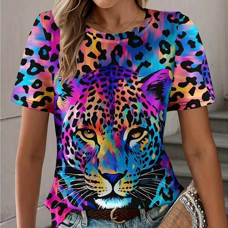 

Футболка с леопардовым принтом, большой размер, короткий рукав, летняя, повседневная, с круглым вырезом, женская, ретро, уличная мода, футболка большого размера, одежда 5XL